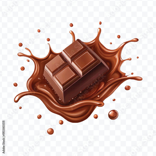 realistic 3d piece of chocolate with liquid chocolate splash in different style isolated on transparent background	