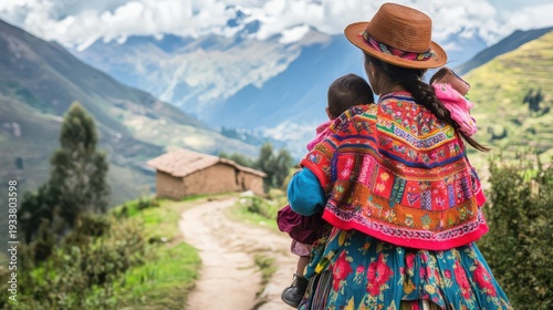 Woman carries child on her back while walking along a path in the mountains of Peru surrounded by nature and traditional houses during daytime