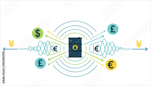 Illustration depicting the global impact of oil on various international currencies and financial markets.