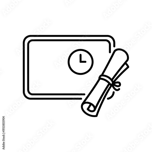 Certificate and diploma icon with clock, symbolizing timely education and qualification