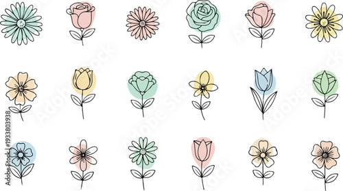 A collection of twenty simple, hand-drawn flowers in various colors and styles, arranged in a grid pattern.