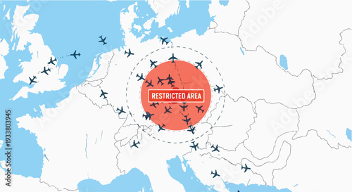 A map of Europe showing a restricted airspace with airplanes flying around it.