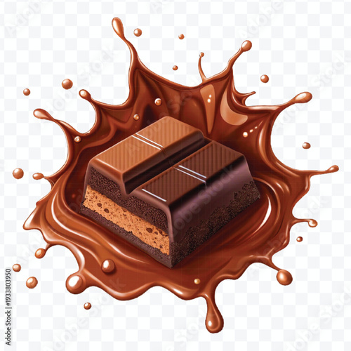 realistic 3d piece of chocolate with liquid chocolate splash in different style isolated on transparent background	