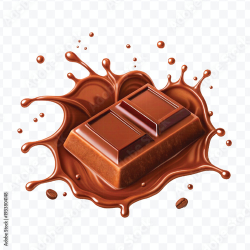 realistic 3d piece of chocolate with liquid chocolate splash in different style isolated on transparent background	