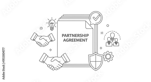 Two hands shaking above a partnership agreement document surrounded by icons representing ideas, security, and teamwork, symbolizing a successful business deal closure.