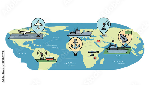 A global network illustration showing interconnected transport and communication systems across a world map.