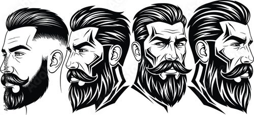 Masculine Barber Shop Avatar Set with Bearded Men Portraits, Stylish Pompadour Haircut Silhouettes, and Grooming Vector Graphics.
