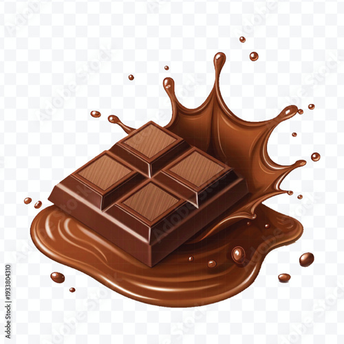 realistic 3d piece of chocolate with liquid chocolate splash in different style isolated on transparent background	