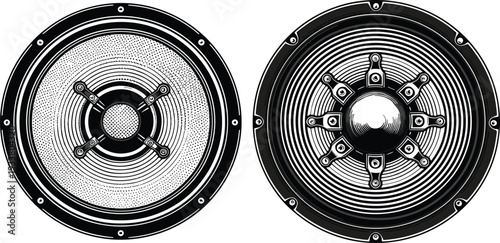 Professional Audio Speaker and Subwoofer Set, High Fidelity Sound System Icons, Powerful Bass Woofer Vector Line Art Graphics.