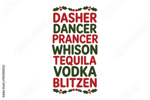 Reindeer names list in festive holiday illustration with holly border