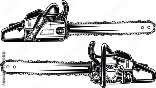 Professional Chainsaw Illustration Set with Detailed Gasoline Power Saw Silhouettes, Lumberjack Woodwork Tools Vector Line Art.