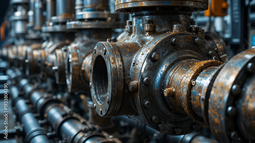 discontinuous. Metal nodules on industrial pipe valves reflecting light, metallic texture detail. safety posters, maintenance manuals, designed for industrial assembly lines and welding operations.