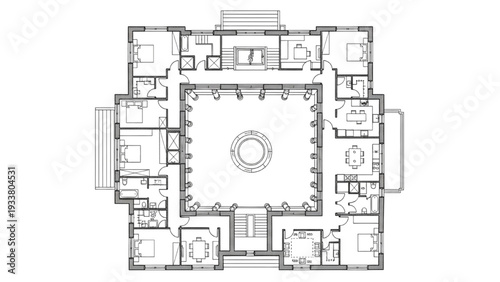 High Quality Black Line Art of Ancient Roman Domus Floor Plan with Central Atrium and Surrounding Rooms, Top View Architectural Layout Illustration