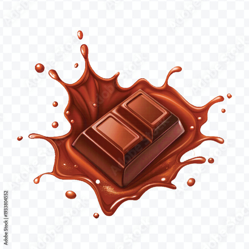 realistic 3d piece of chocolate with liquid chocolate splash in different style isolated on transparent background	