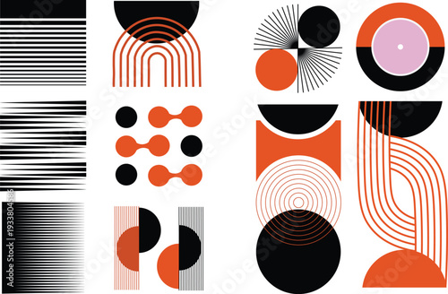 Hand drawn abstract minimal element mid century vector set. Aesthetic contemporary stripe line art, geometric shape in monochrome. Art form design for wall art, decoration - stock vector.