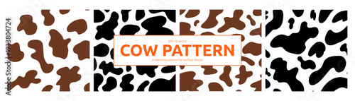 Cow Stain Seamless Pattern Set. Cow Spot Texture Animal Skin Surface Pattern Kit. Vector Animalistic Repeat Background