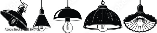 Vintage Industrial Pendant Lamp Set with Retro Hanging Light Fixtures, Edison Bulb Interior Design Elements, and Vector Line Art.