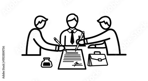 Three stylized business figures sign a contract document on a table next to an inkwell and a briefcase, symbolizing agreement.