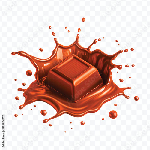realistic 3d piece of chocolate with liquid chocolate splash in different style isolated on transparent background	