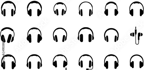Set of Black Silhouette Headphone  Earbud Icons. Diverse collection of audio listening devices like over-ear, on-ear, in-ear styles for music, sound, communication.