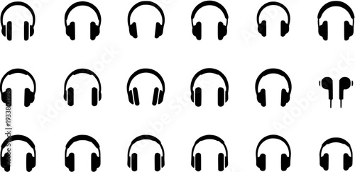 Headphones and Earbuds Icons Set, Various Styles, Black Silhouettes on White Background, Music Audio Devices Collection