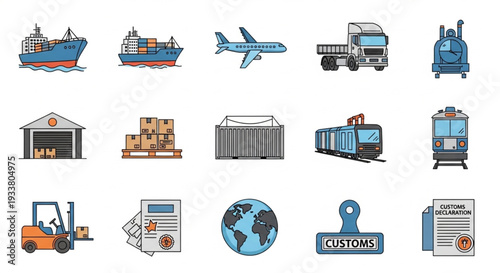 Collection of transportation and logistics icons.
