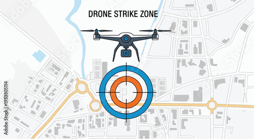 An overhead view of a drone flying above a map with a target symbol indicating a 'DRONE STRIKE ZONE' in an urban area.