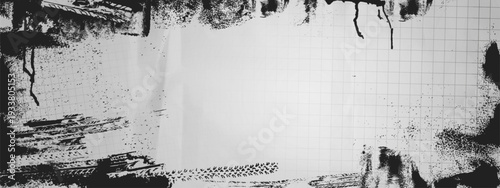 Black paint stains and tire tracks on grid paper background. Vector realistic illustration of grunge notebook sheet background with ink splatters, tread marks and dirt, modern street art banner
