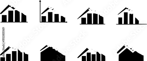 Collection of 8 black and white vector icons depicting abstract houses with upward-trending bar charts, some with distressed texture, symbolizing real estate market growth and investment.