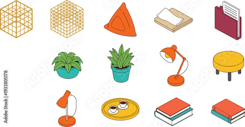 Modern home decor and furniture elements set with plants lamps books and geometric objects flat vector illustration