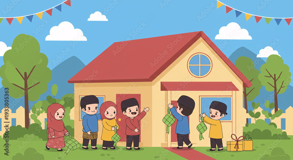Fototapeta premium Cute Characters Decorating House for Eid al-Fitr
