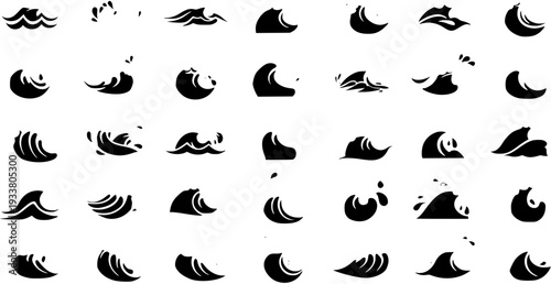 Diverse Set of Stylized Black Vector Wave Icons and Symbols. Collection of Ocean, Sea, Water, and Surfing Elements for Design Projects on a White Background.