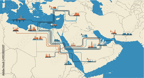 Map illustrating the complex network of oil and gas pipelines and facilities across the Middle East and surrounding regions.