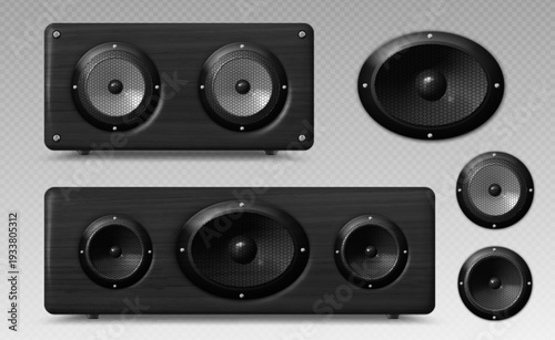 3D speaker realistic vector illustration, sound equipment set. Modern loudspeaker in different design in black wooden box, music system, radio device or subwoofer isolated, home audio technology