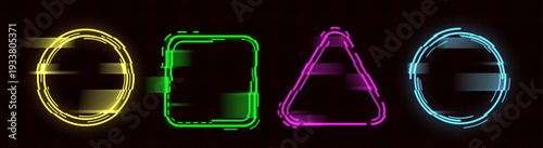 Glitch effect circle frame with neon digital distortion. Cyber punk color graphic design with broken pixel rings, triangular and square futuristic light elements on dark transparent background