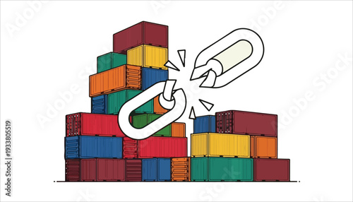 A broken chain link hovering over a stack of colorful shipping containers, symbolizing supply chain disruption.