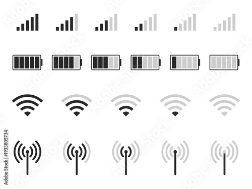 Mobile phone Signal Strength level interface icon set like WiFi Connection, Battery Indicator Icon Set, Mobile Network Status and hotspot indicator Symbols set Vector Illustration