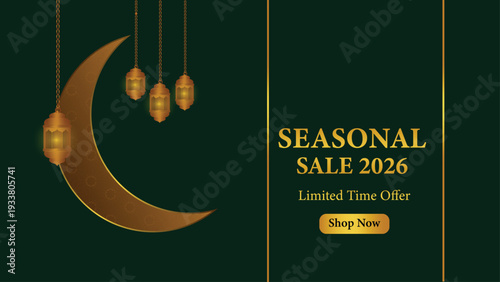 Islamic Festive Eid Mubarak Greeting and Seasonal Sale Web Banner Template