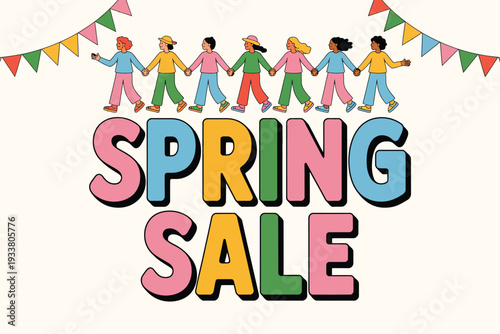 Spring sale illustration with colorful people and festive bunting