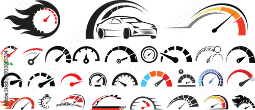 Speedometer, gauge vector collection. Black icons for speed, performance, pressure. Ideal for vehicle dashboard design, apps, websites. Editable stroke.Collection of Twelve Black Speedometer and Gauge