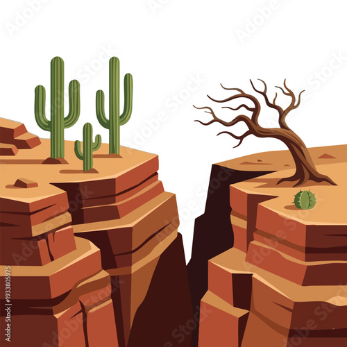 Arid Desert Canyon Landscape with Cactuses and Dead Tree