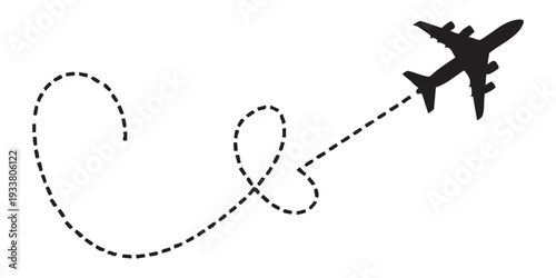Airplane silhouette flying with a dashed line path forming loops