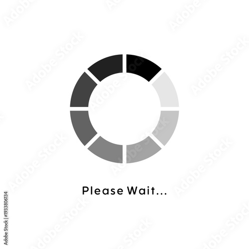Minimalist circular loading progress icon with segmented ring style spinner and please wait text on a solid white background for digital UI UX.