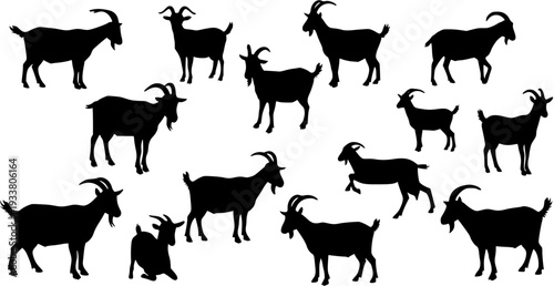 Detailed black vector silhouettes of a diverse herd of goats, showcasing various poses and sizes on a clean white background, perfect for farm animal illustrations.