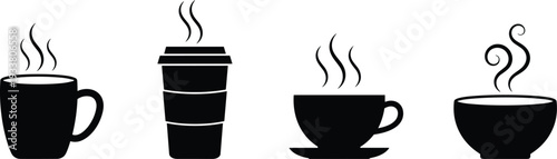 Black coffee cup vector icons set with steam, including mug, takeout cup, espresso, and tea bowl, for cafe branding and breakfast.