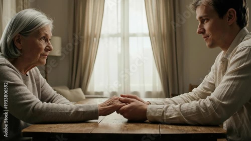 Senior woman young man authentic intergenerational connection tender support across wooden table