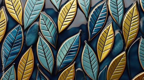 Wallpaper Mural Vibrant Leaf Pattern in Gold and Blue Ceramic Tiles Torontodigital.ca