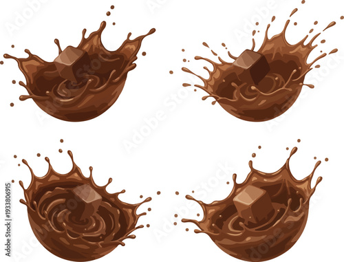 Rich chocolate splashes with ice cubes on white background