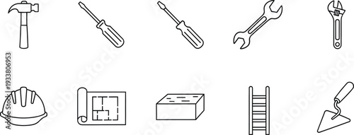 Simple line art icons of various construction tools such as hammer screwdriver and ladder