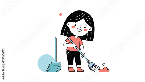 Happy young girl in a red shirt and black pants uses a blue broom to sweep dust into a matching dustpan on the floor at home.